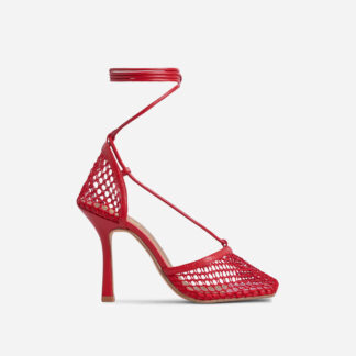 New-Me Lace Up Square Toe Court Heel In Red Fishnet, Red