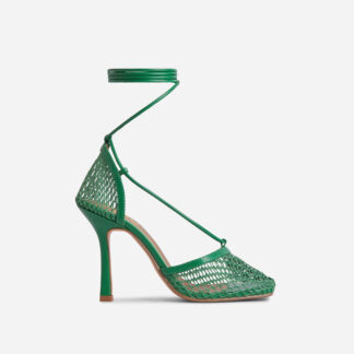 New-Me Lace Up Square Toe Court Heel In Green Fishnet, Green