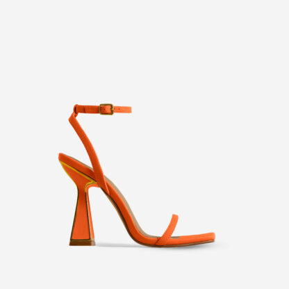 Pearl Gold Detail Square Toe Barely There Statement Block Heel In Orange Faux Leather, Orange