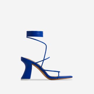 Mind-Maze Lace Up Twisted Strap Square Toe Curved Low Block Heel In Blue Faux Leather, Blue