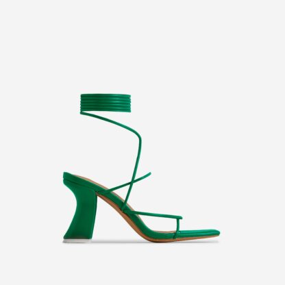 Mind-Maze Lace Up Twisted Strap Square Toe Curved Low Block Heel In Green Faux Leather, Green