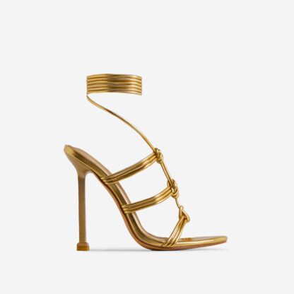 Ring Lace Up Knotted Strap Detail Open Toe Heel In Gold Metallic Faux Leather, Gold