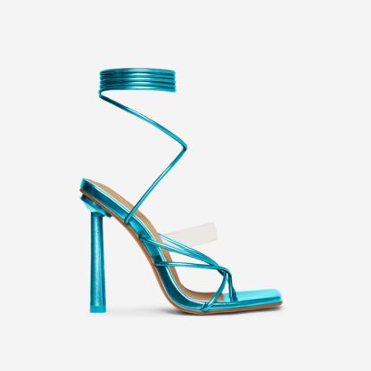 Growing Lace Up Perspex Strappy Square Toe Stiletto Heel In Blue Metallic Faux Leather, Blue