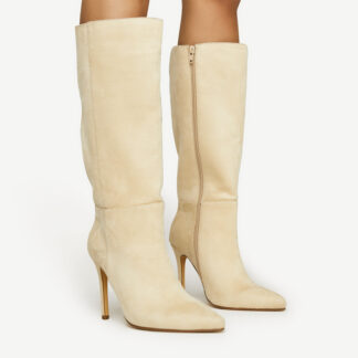 Arlo Pointed Toe Mid Calf Long Boot In Nude Faux Suede, Nude