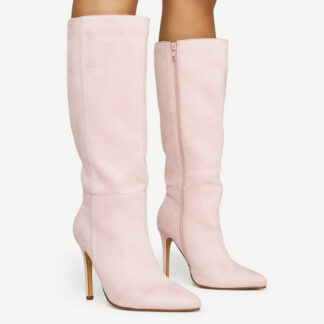 Arlo Pointed Toe Mid Calf Long Boot In Pink Faux Suede, Pink