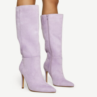 Arlo Pointed Toe Mid Calf Long Boot In Lilac Faux Suede, Purple