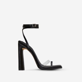 All-In-It Perspex Strap Square Toe Flared Block Heel In Black Faux Leather, Black