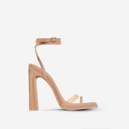 All-In-It Perspex Strap Square Toe Flared Block Heel In Nude Faux Leather, Nude