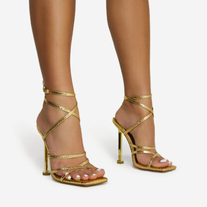 All-Along Strappy Square Toe Metallic Stiletto Heel In Gold Snake Print Faux Leather, Gold