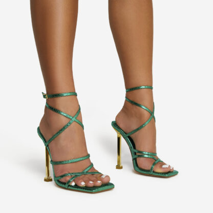 All-Along Strappy Square Toe Metallic Stiletto Heel In Green Snake Print Faux Leather, Green