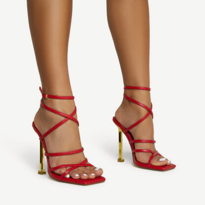 All-Along Strappy Square Toe Metallic Stiletto Heel In Red Snake Print Faux Leather, Red