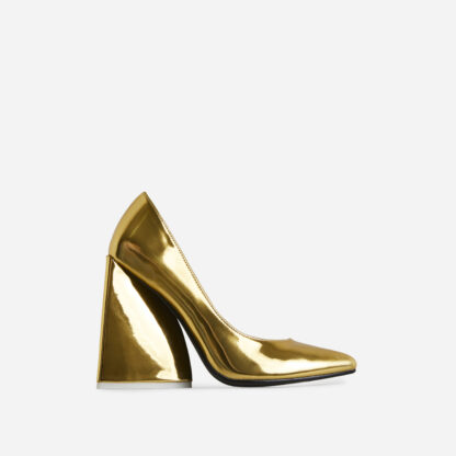 As-I-Am Pointed Toe Statement Block Court Heel In Gold Metallic Patent, Gold