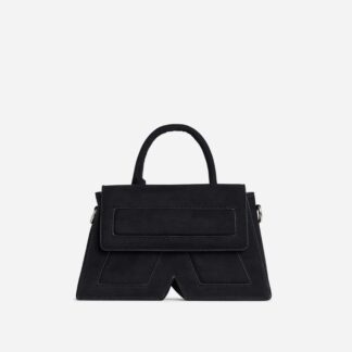 Aviva Top Handle Shaped Tote Bag In Black Faux Suede,, Black