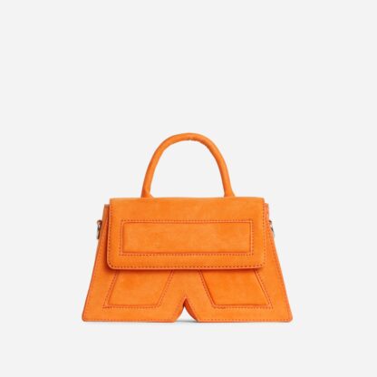 Aviva Top Handle Shaped Tote Bag In Orange Faux Suede,, Orange