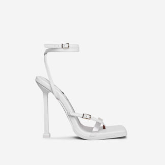 Awaken Buckle Detail Square Toe Stiletto Heel In White Faux Leather, White