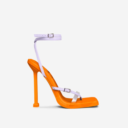 Awaken Buckle Detail Square Toe Stiletto Heel In Lilac And Orange Faux Leather, Purple