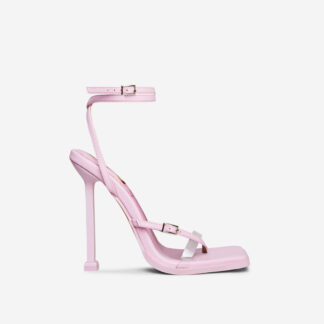 Awaken Buckle Detail Square Toe Stiletto Heel In Pink Faux Leather, Pink