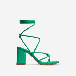 Ballerine Knotted Strappy Detail Lace Up Square Toe Block Heel In Green Faux Leather, Green