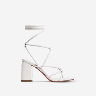 Ballerine Knotted Strappy Detail Lace Up Square Toe Block Heel In White Faux Leather, White