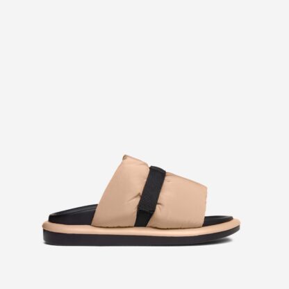 Berkshire Velcro Strap Flatform Slider Sandal In Nude Nylon, Nude