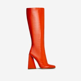 Big-Goals Square Toe Sculptured Block Heel Knee High Long Boot In Orange Croc Print Faux Leather, Orange