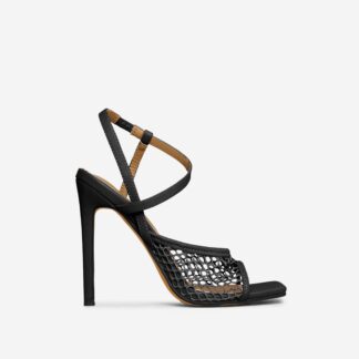 Breeze Fishnet Detail Strappy Square Peep Toe Heel In Black Faux Leather, Black