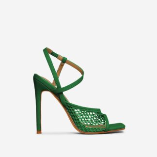 Breeze Fishnet Detail Strappy Square Peep Toe Heel In Green Faux Leather, Green