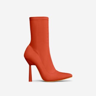 Brooks Pointed Toe Sculptured Round Heel Ankle Sock Boot In Orange Lycra, Orange