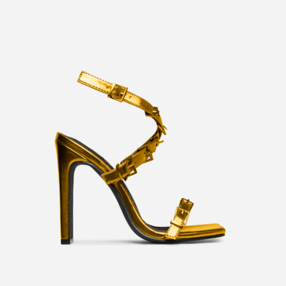 Cabello Buckle Cross Strap Detail Square Toe Thin Block Heel In Gold Metallic Faux Leather, Gold