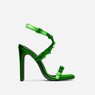 Cabello Buckle Cross Strap Detail Square Toe Thin Block Heel In Green Metallic Faux Leather, Green