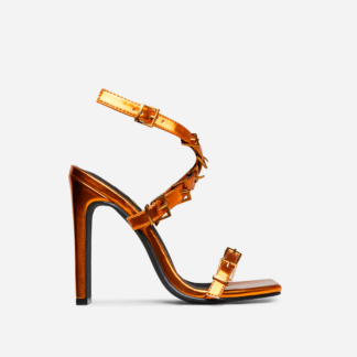 Cabello Buckle Cross Strap Detail Square Toe Thin Block Heel In Orange Metallic Faux Leather, Orange