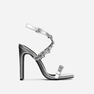 Cabello Buckle Cross Strap Detail Square Toe Thin Block Heel In Silver Metallic Faux Leather, Silver