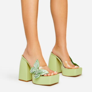 Camillo Diamante Butterfly Detail Clear Perspex Strap Square Peep Toe Platform Block Heel Mule In Green Faux Leather, Green