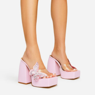 Camillo Diamante Butterfly Detail Clear Perspex Strap Square Peep Toe Platform Block Heel Mule In Pink Faux Leather, Pink