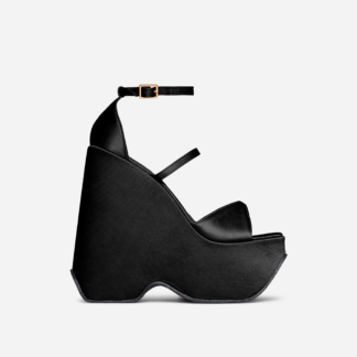 Carrie Triple Strap Square Peep Toe Platform Wedge Heel In Black Satin, Black