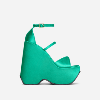 Carrie Triple Strap Square Peep Toe Platform Wedge Heel In Green Satin, Green