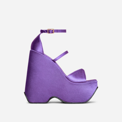 Carrie Triple Strap Square Peep Toe Platform Wedge Heel In Purple Satin, Purple