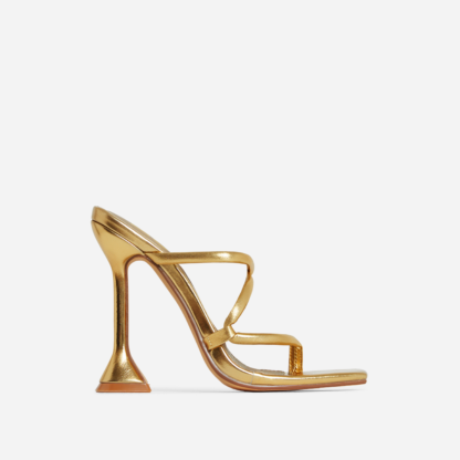 Cello Strappy Square Toe Sculptured Heel Mule In Gold Metallic Faux Leather, Gold