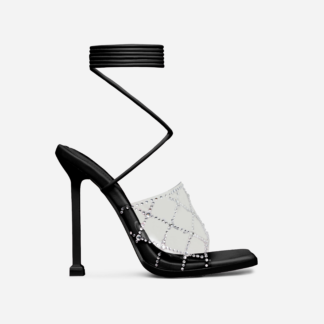 Chain-Me Lace Up Diamante Clear Perspex Strap Square Toe Heel In Black Faux Leather, Black