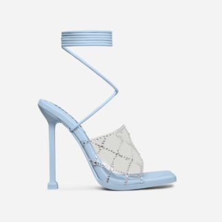 Chain-Me Lace Up Diamante Clear Perspex Strap Square Toe Heel In Blue Faux Leather, Blue