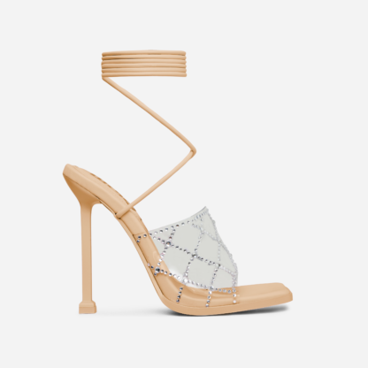 Chain-Me Lace Up Diamante Clear Perspex Strap Square Toe Heel In Nude Faux Leather, Nude