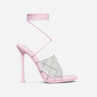 Chain-Me Lace Up Diamante Clear Perspex Strap Square Toe Heel In Pink Faux Leather, Pink