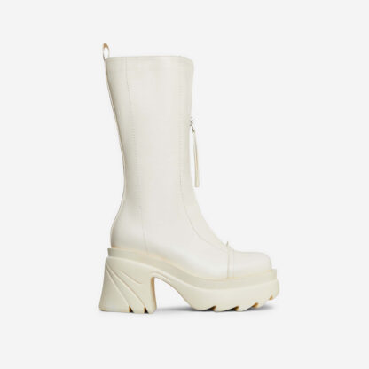 Clot Chunky Sole Zip Detail Mid Calf Long Biker Boot In Cream Nude Faux Leather, Nude