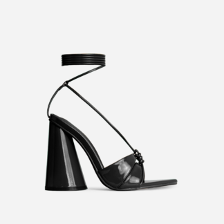 Cold-Heart Lace Up Strappy Pointed Toe Round Statement Block Heel In Black Patent, Black