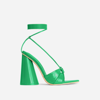 Cold-Heart Lace Up Strappy Pointed Toe Round Statement Block Heel In Green Patent, Green