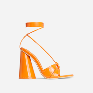 Cold-Heart Lace Up Strappy Pointed Toe Round Statement Block Heel In Orange Patent, Orange