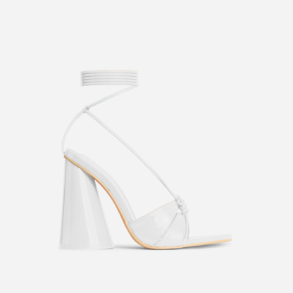 Cold-Heart Lace Up Strappy Pointed Toe Round Statement Block Heel In White Patent, White