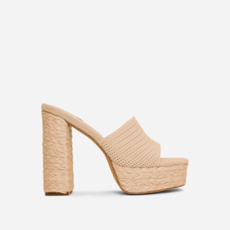 Corto Peep Toe Platform Block Heel Mule In Natural Woven, Nude