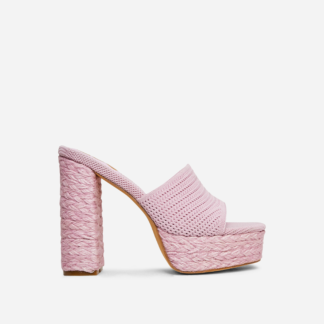 Corto Peep Toe Platform Block Heel Mule In Pink Woven, Pink