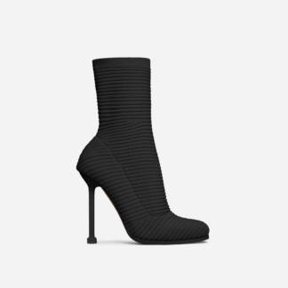 Creamer Square Toe Stiletto Heel Ankle Sock Boot In Black Ribbed Knit, Black